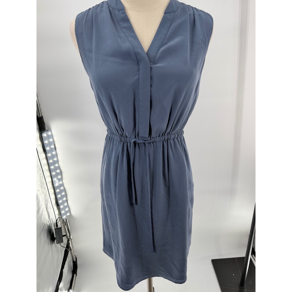 cynthis rowley 100% silk dress 2 slate blue v-neck tie waist pockets sleeveless - Picture 2 of 8